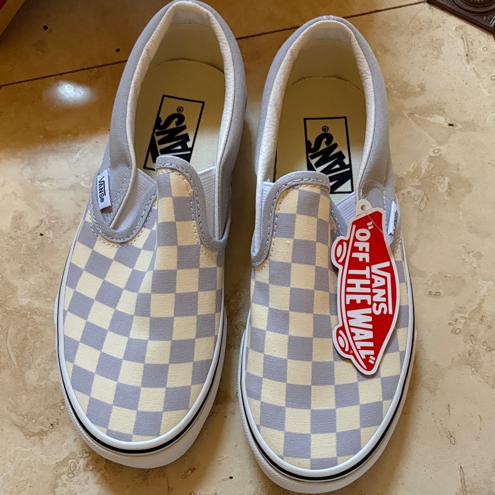 Vans Classic Checkerboard Slip-On Sneakers - Gray and Cream